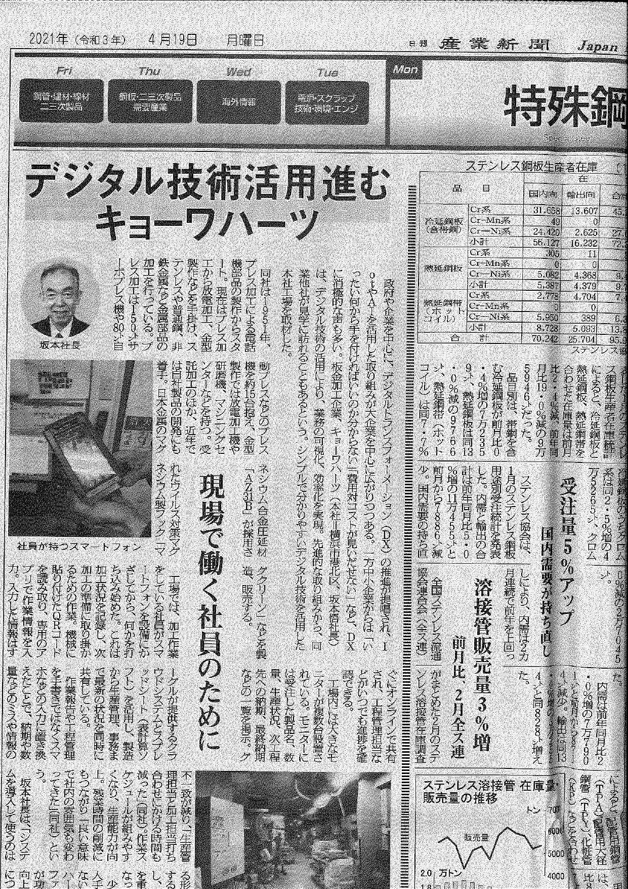 日刊産業新聞にキョーワハーツのデジタル技術が紹介されました